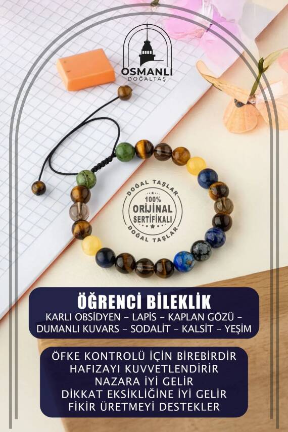 Öğrenci Doğal Taş Bileklik-Karlı Obsidyen-Lapis-Kaplan Gözü-Dumanlı Kuvars-Sodalit-Kalsit-Yeşim - 2