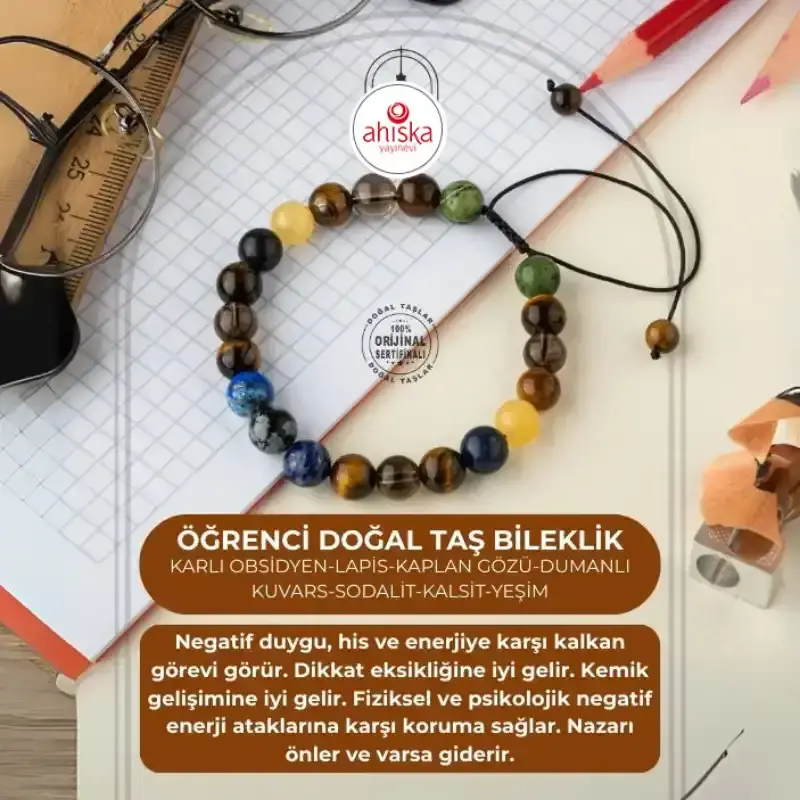 Öğrenci Doğal Taş Bileklik-Karlı Obsidyen-Lapis-Kaplan Gözü-Dumanlı Kuvars-Sodalit-Kalsit-Yeşim - 1