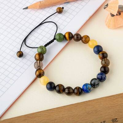 Öğrenci Doğal Taş Bileklik-Karlı Obsidyen-Lapis-Kaplan Gözü-Dumanlı Kuvars-Sodalit-Kalsit-Yeşim - 3