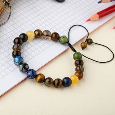 Öğrenci Doğal Taş Bileklik-Karlı Obsidyen-Lapis-Kaplan Gözü-Dumanlı Kuvars-Sodalit-Kalsit-Yeşim - 2