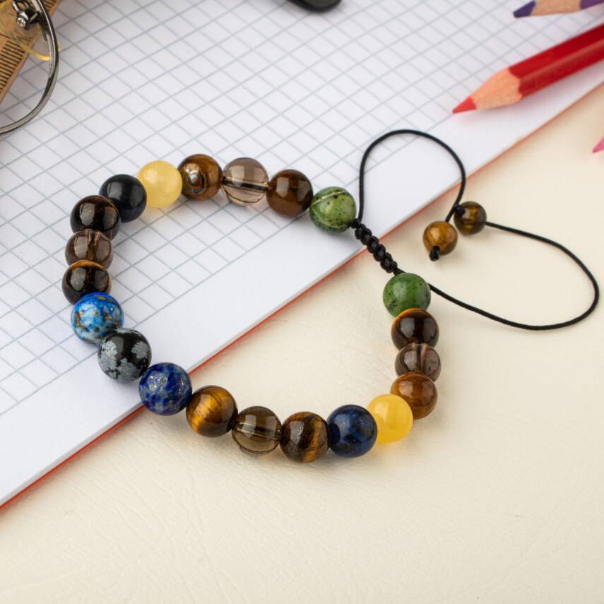 Öğrenci Doğal Taş Bileklik-Karlı Obsidyen-Lapis-Kaplan Gözü-Dumanlı Kuvars-Sodalit-Kalsit-Yeşim - 2