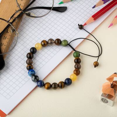 Öğrenci Doğal Taş Bileklik-Karlı Obsidyen-Lapis-Kaplan Gözü-Dumanlı Kuvars-Sodalit-Kalsit-Yeşim - 3