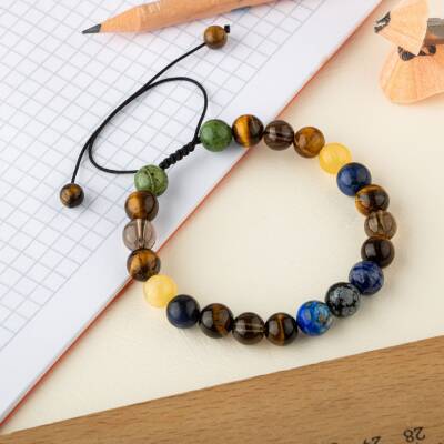 Öğrenci Doğal Taş Bileklik-Karlı Obsidyen-Lapis-Kaplan Gözü-Dumanlı Kuvars-Sodalit-Kalsit-Yeşim - 4