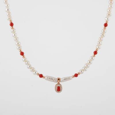 Okyanus Mercan-İnci-Hematit Doğal Taş Gümüş Kapama Kolye - 54cm - Osmanlı Doğaltaş