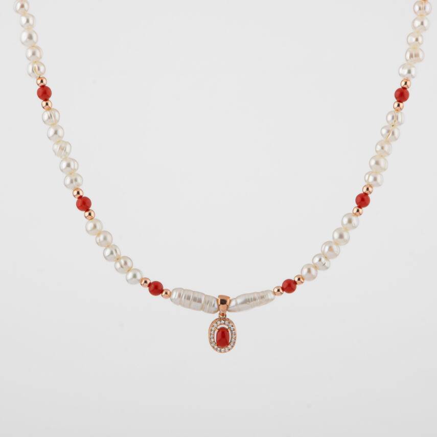 Okyanus Mercan-İnci-Hematit Doğal Taş Gümüş Kapama Kolye - 54cm - 1