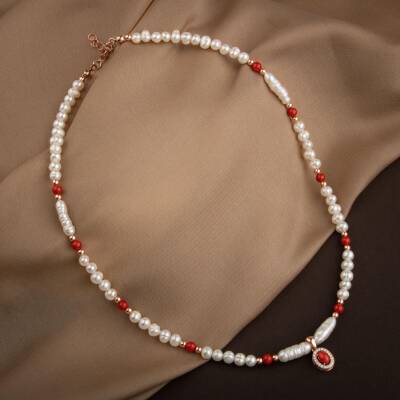 Okyanus Mercan-İnci-Hematit Doğal Taş Gümüş Kapama Kolye - 54cm - 2