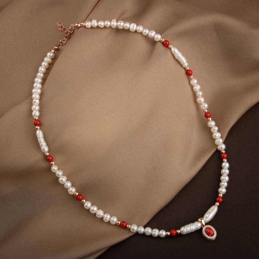 Okyanus Mercan-İnci-Hematit Doğal Taş Gümüş Kapama Kolye - 54cm - 2