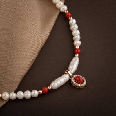 Okyanus Mercan-İnci-Hematit Doğal Taş Gümüş Kapama Kolye - 54cm - 3