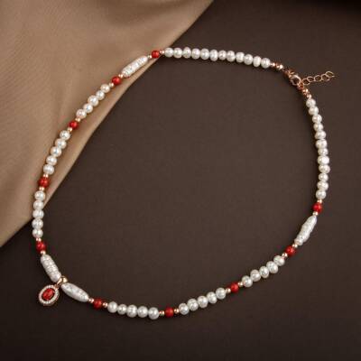 Okyanus Mercan-İnci-Hematit Doğal Taş Gümüş Kapama Kolye - 54cm - 4