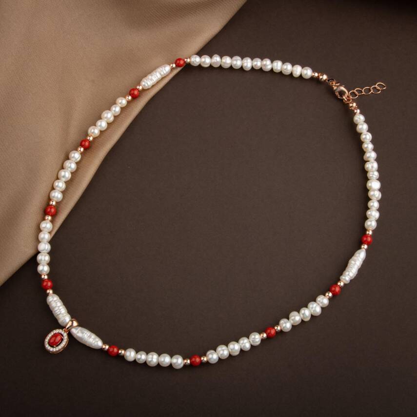 Okyanus Mercan-İnci-Hematit Doğal Taş Gümüş Kapama Kolye - 54cm - 4