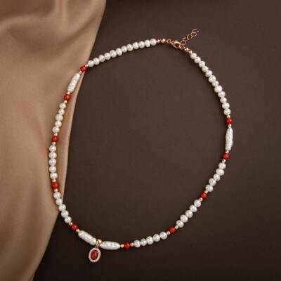 Okyanus Mercan-İnci-Hematit Doğal Taş Gümüş Kapama Kolye - 54cm - 5