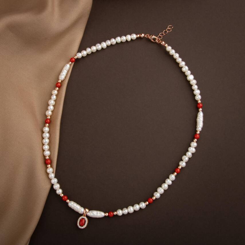 Okyanus Mercan-İnci-Hematit Doğal Taş Gümüş Kapama Kolye - 54cm - 5