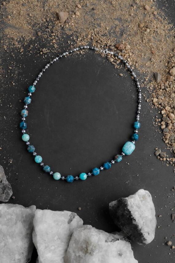 Okyanusya Amazonit - Hematit - Apatit Doğal Taş Kolye - 2