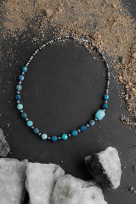 Okyanusya Amazonit - Hematit - Apatit Doğal Taş Kolye - 5