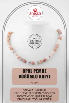 Opal Pembe 8 mm Düğümlü Doğal Taş Kolye - 1