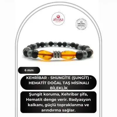 Orijinal Hakiki Kehribar - Shungite (Şungit) - Hematit Doğal Taş Misinalı Bileklik 6mm - 1
