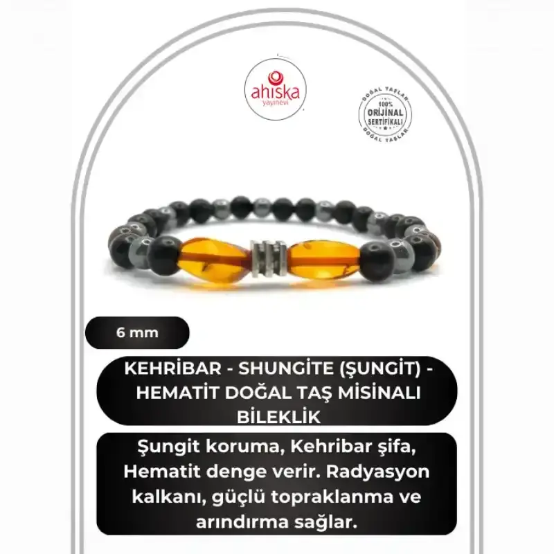 Orijinal Hakiki Kehribar - Shungite (Şungit) - Hematit Doğal Taş Misinalı Bileklik 6mm - 1