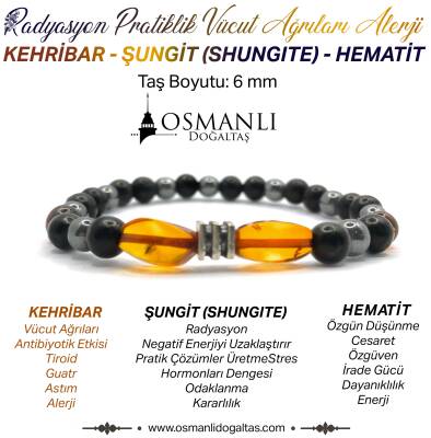 Orijinal Hakiki Kehribar - Shungite (Şungit) - Hematit Doğal Taş Misinalı Bileklik 6mm - Osmanlı Doğaltaş