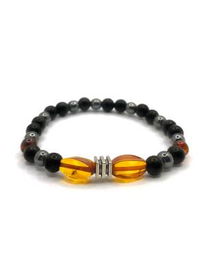 Orijinal Hakiki Kehribar - Shungite (Şungit) - Hematit Doğal Taş Misinalı Bileklik 6mm - 2