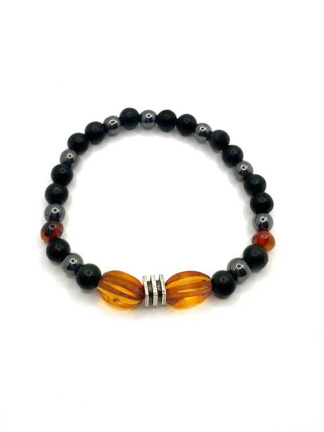 Orijinal Hakiki Kehribar - Shungite (Şungit) - Hematit Doğal Taş Misinalı Bileklik 6mm - 3