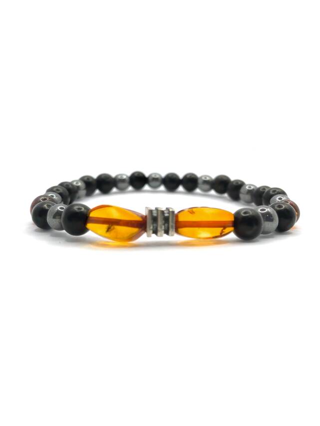 Orijinal Hakiki Kehribar - Shungite (Şungit) - Hematit Doğal Taş Misinalı Bileklik 6mm - 4