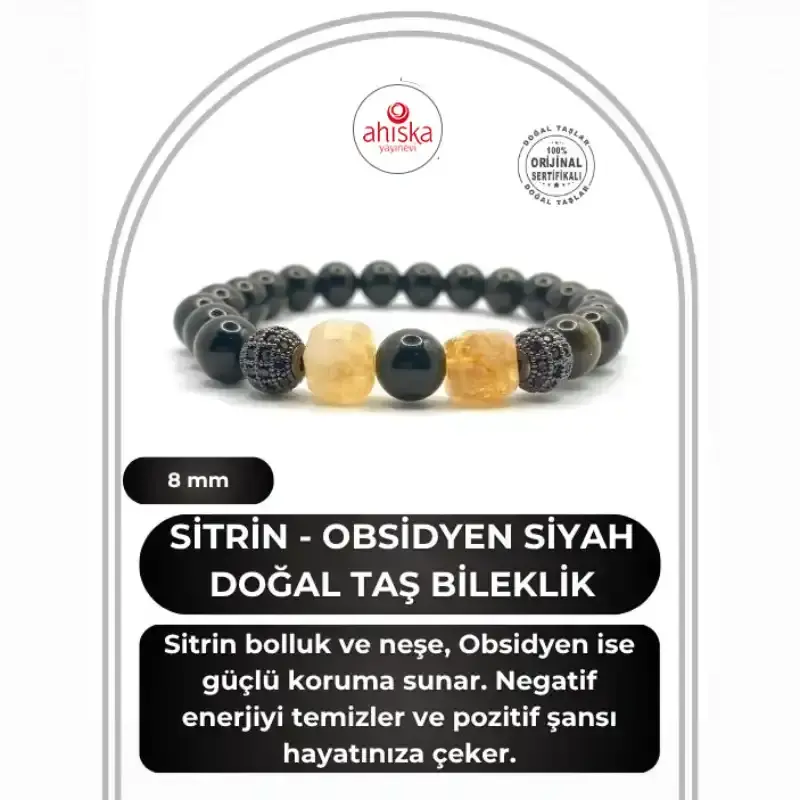Orijinal Hakiki Sertifikalı Sitrin - Obsidyen Siyah Zirkon Doğal Taş Bileklik 8mm - 2