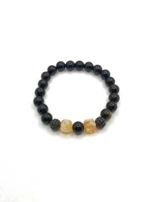 Orijinal Hakiki Sertifikalı Sitrin - Obsidyen Siyah Zirkon Doğal Taş Bileklik 8mm - 3