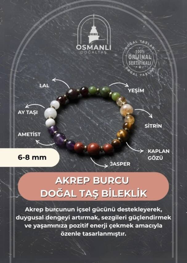 Osmanlı Doğal Taş Sertifikalı Akrep Burcu Doğal Taş Bileklik - 2