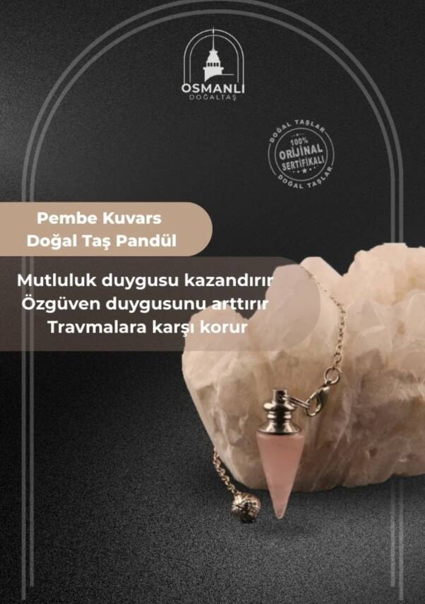 Osmanlı Doğal Taş Sertifikalı Pembe Kuvars Enerji Pandülü - 2