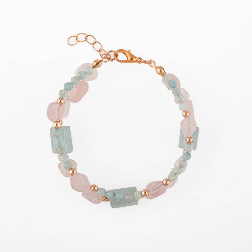 Pembe Kuvars-Akuamarin Doğal Taş Bileklik - 1