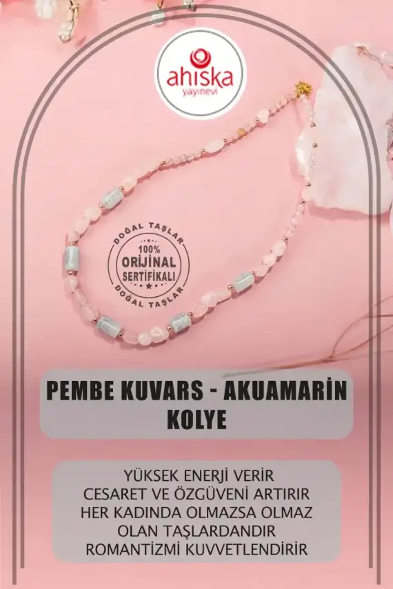 Pembe Kuvars-Akuamarin Doğal Taş Kolye - 1