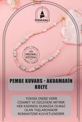 Pembe Kuvars-Akuamarin Doğal Taş Kolye - Osmanlı Doğaltaş