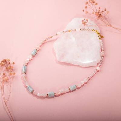 Pembe Kuvars-Akuamarin Doğal Taş Kolye - 2