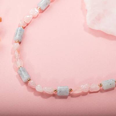 Pembe Kuvars-Akuamarin Doğal Taş Kolye - 3