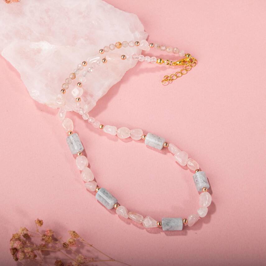 Pembe Kuvars-Akuamarin Doğal Taş Kolye - 4