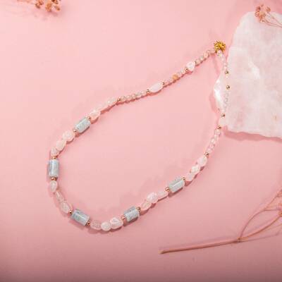 Pembe Kuvars-Akuamarin Doğal Taş Kolye - 5