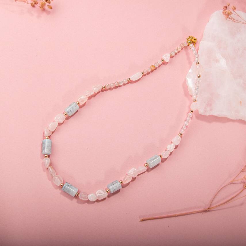 Pembe Kuvars-Akuamarin Doğal Taş Kolye - 5