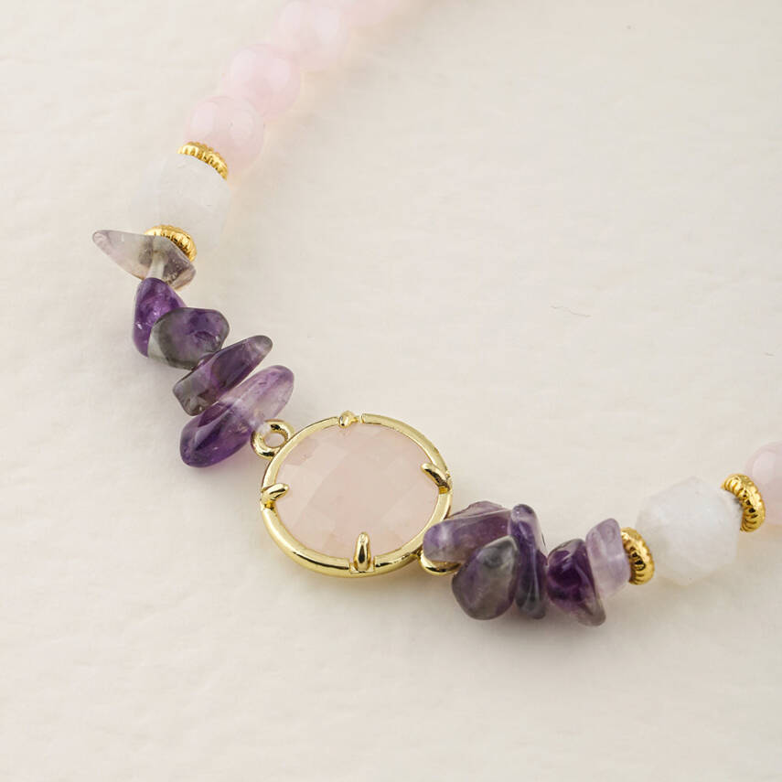 Pembe Kuvars-Ametist-Ay Taşı Gümüş Kapama Doğal Taş Bileklik - 3