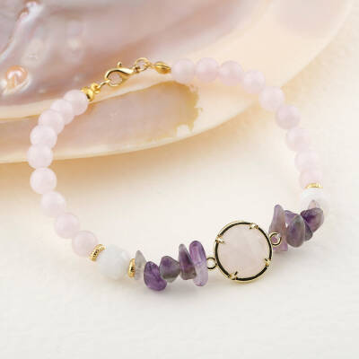Pembe Kuvars-Ametist-Ay Taşı Gümüş Kapama Doğal Taş Bileklik - 5
