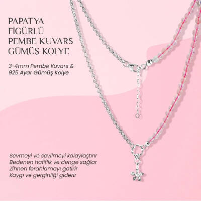 Pembe Kuvars Doğal Taş Gümüş Çiçekli Kolye - 50cm - 2