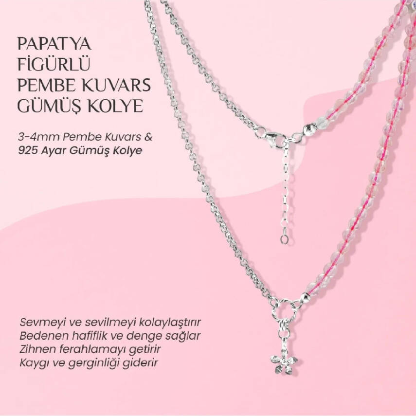 Pembe Kuvars Doğal Taş Gümüş Çiçekli Kolye - 50cm - 2