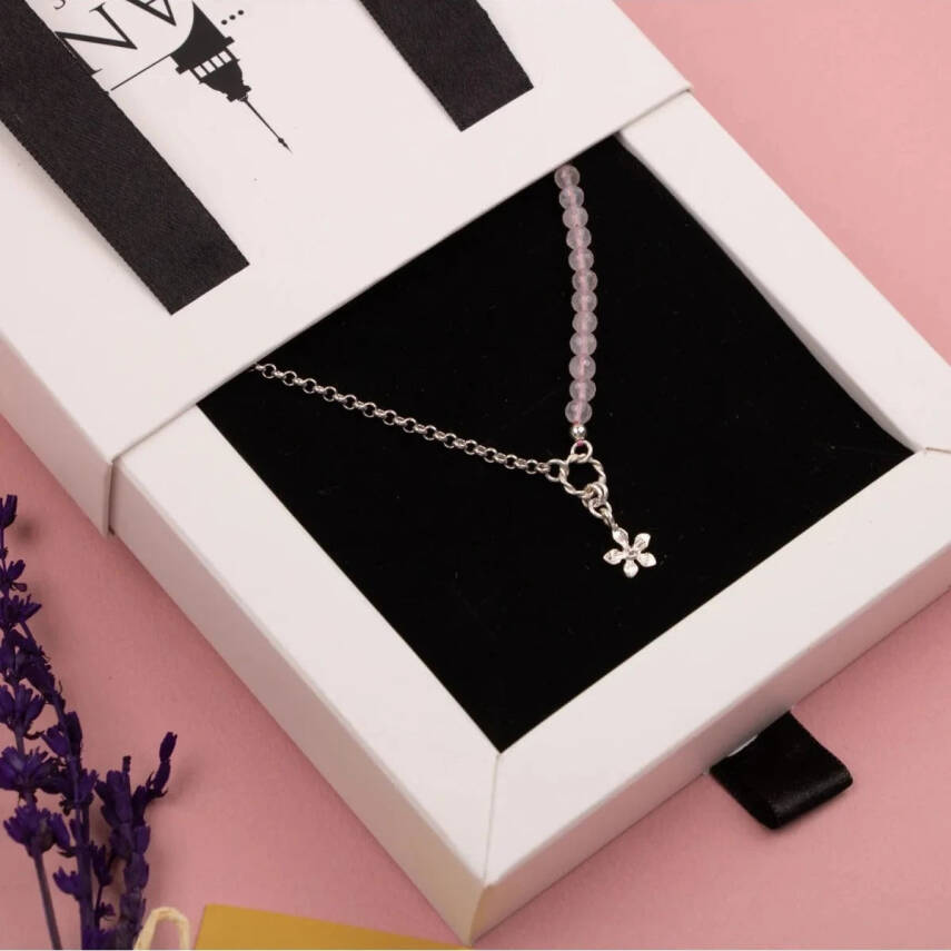 Pembe Kuvars Doğal Taş Gümüş Çiçekli Kolye - 50cm - 4