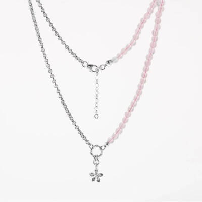 Pembe Kuvars Doğal Taş Gümüş Çiçekli Kolye - 50cm - 5