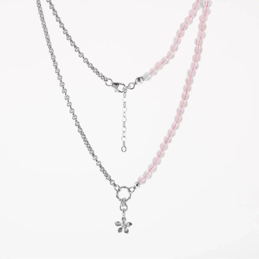 Pembe Kuvars Doğal Taş Gümüş Çiçekli Kolye - 50cm - 5