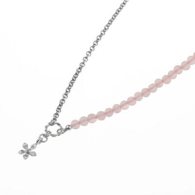 Pembe Kuvars Doğal Taş Gümüş Çiçekli Kolye - 50cm - 7