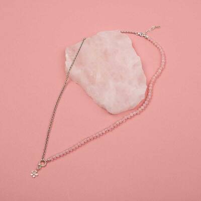 Pembe Kuvars Doğal Taş Gümüş Çiçekli Kolye - 50cm - Doğal Taş
