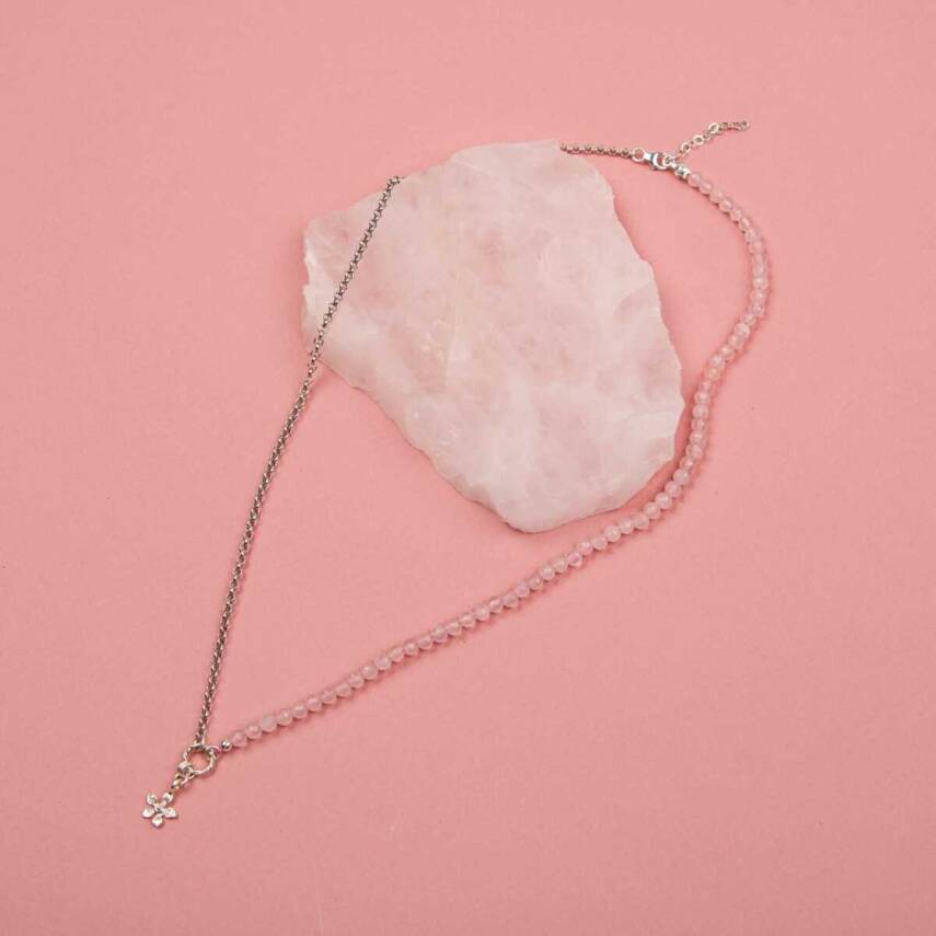 Pembe Kuvars Doğal Taş Gümüş Çiçekli Kolye - 50cm - 1