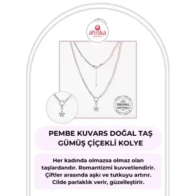 Pembe Kuvars Doğal Taş Gümüş Çiçekli Kolye - 50cm - Doğal Taş (1)