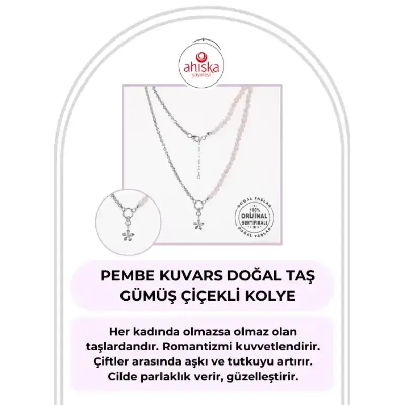 Pembe Kuvars Doğal Taş Gümüş Çiçekli Kolye - 50cm - 2