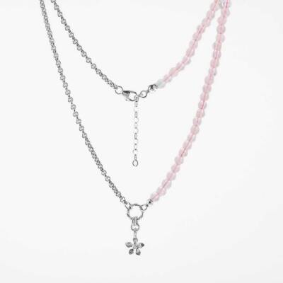 Pembe Kuvars Doğal Taş Gümüş Çiçekli Kolye - 50cm - 3